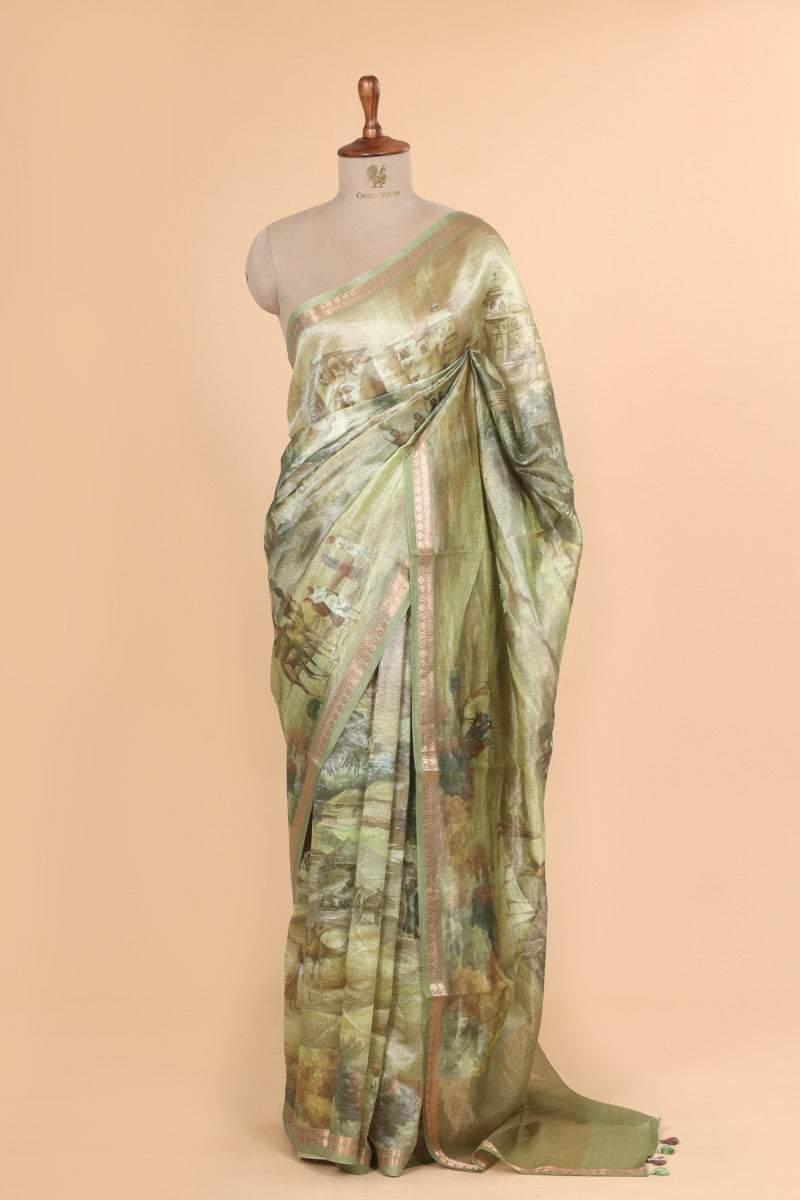 Olive Green Pure Soft Tissue Printed Saree