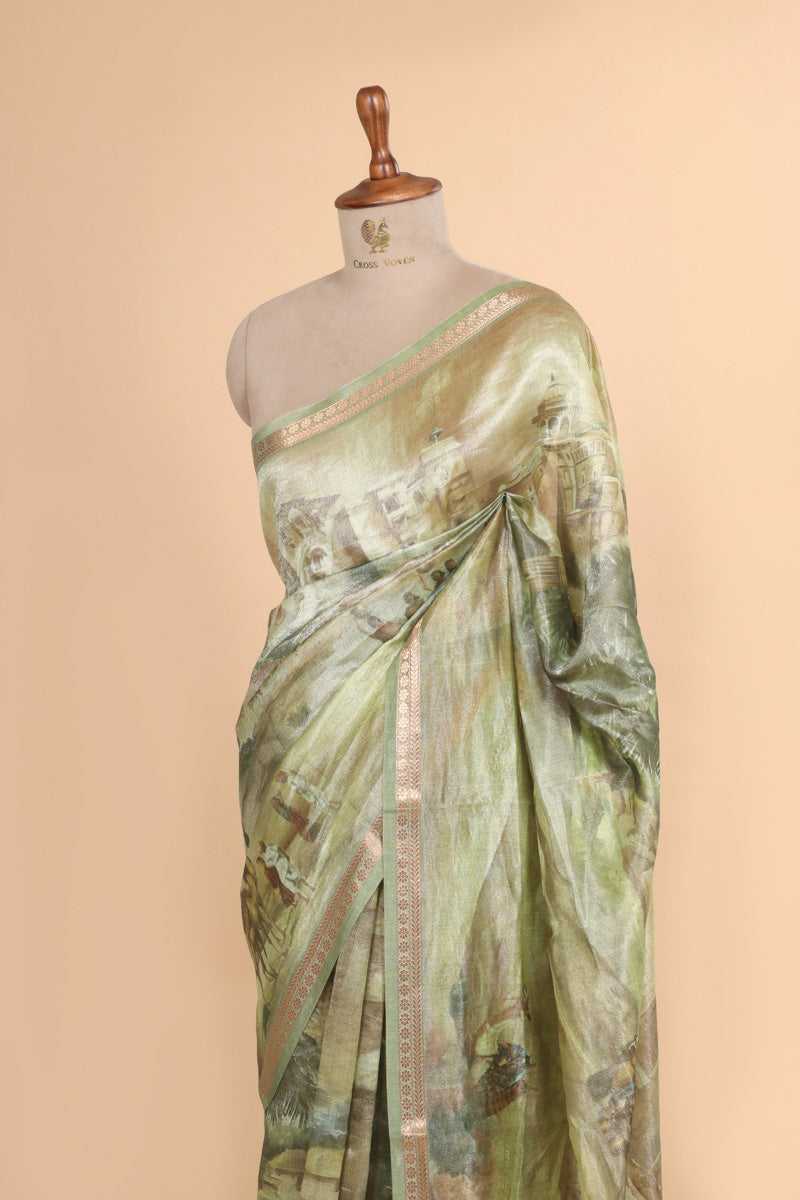 Olive Green Pure Soft Tissue Printed Saree