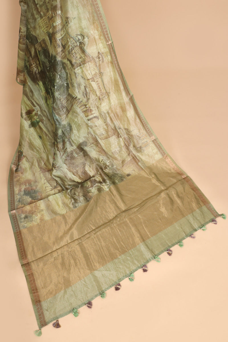 Olive Green Pure Soft Tissue Printed Saree