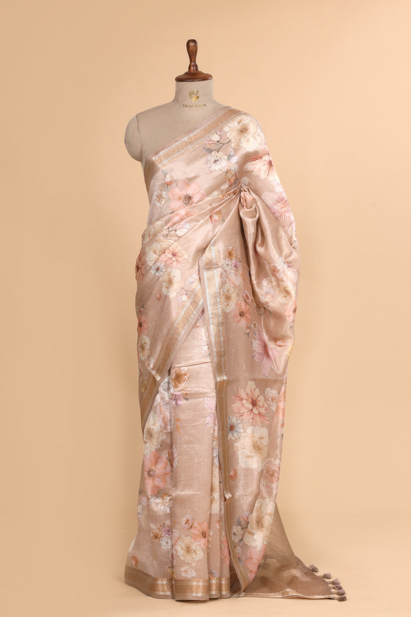 Blush Beige Pure Soft Tissue Floral Printed Saree