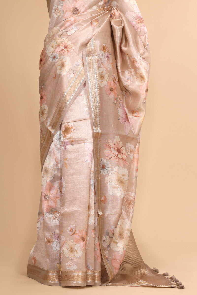 Blush Beige Pure Soft Tissue Floral Printed Saree