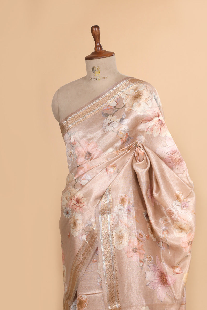 Blush Beige Pure Soft Tissue Floral Printed Saree