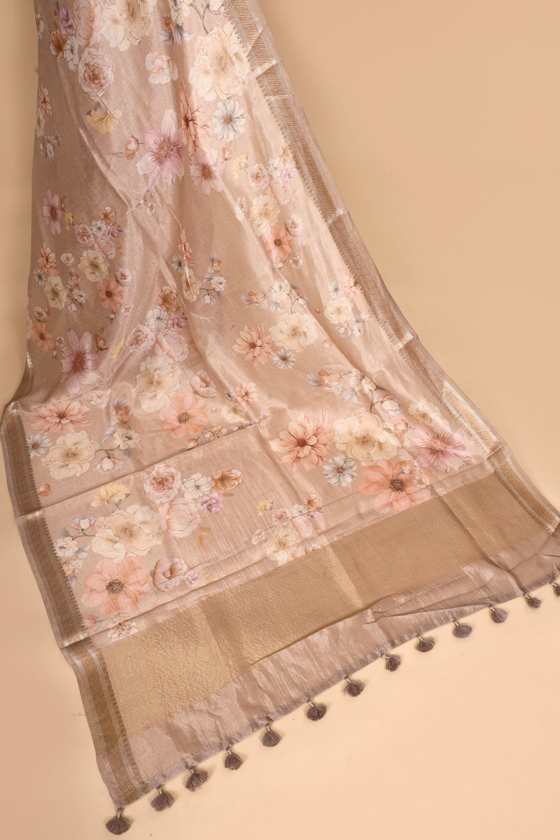 Blush Beige Pure Soft Tissue Floral Printed Saree