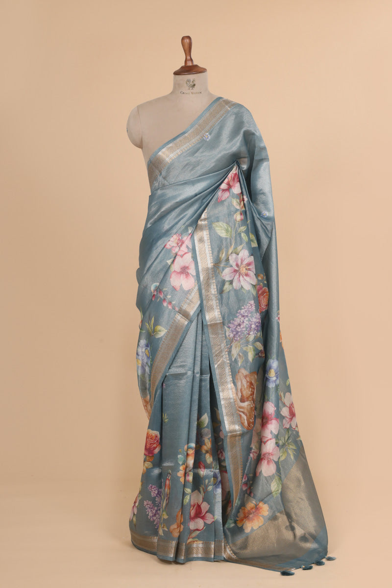 Dusty Blue Pure Soft Tissue Multicolor Floral Pichwai Printed Saree