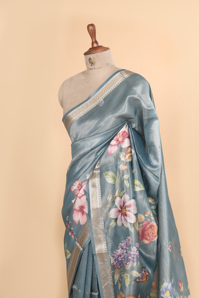 Dusty Blue Pure Soft Tissue Multicolor Floral Pichwai Printed Saree