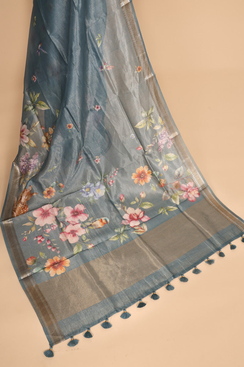 Dusty Blue Pure Soft Tissue Multicolor Floral Pichwai Printed Saree