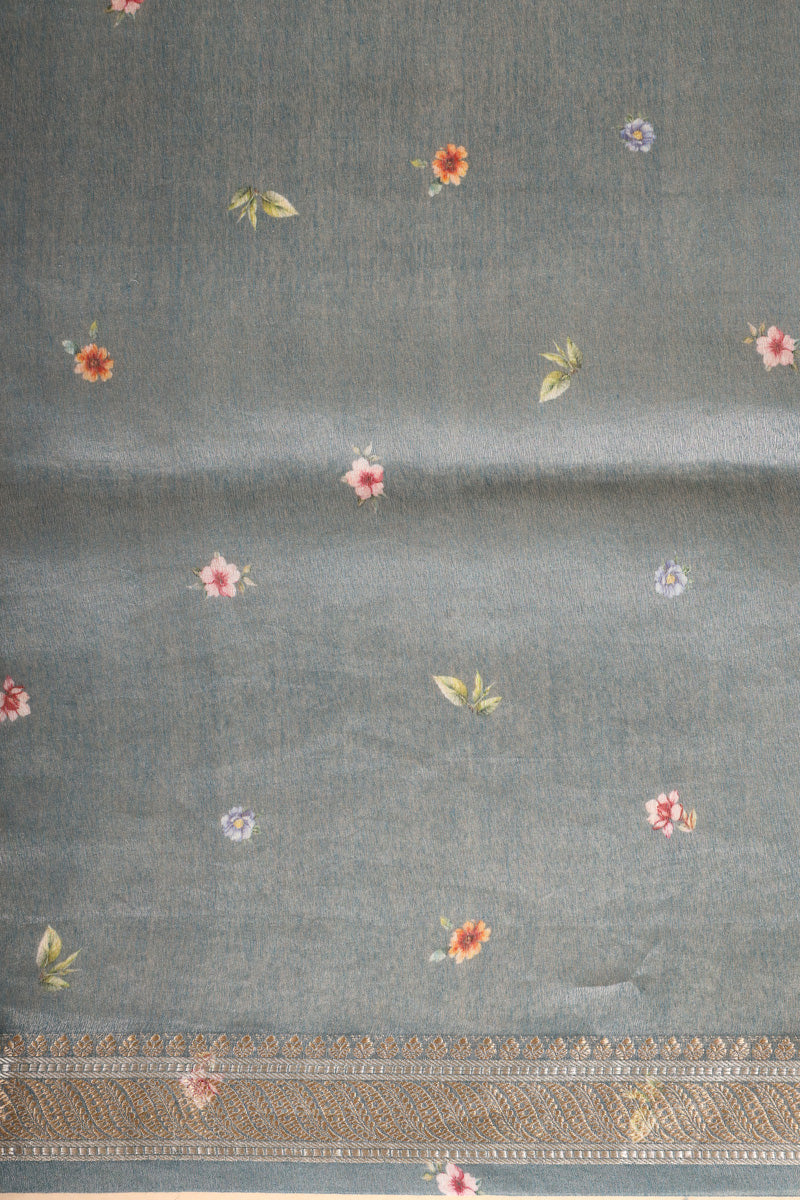 Dusty Blue Pure Soft Tissue Multicolor Floral Pichwai Printed Saree