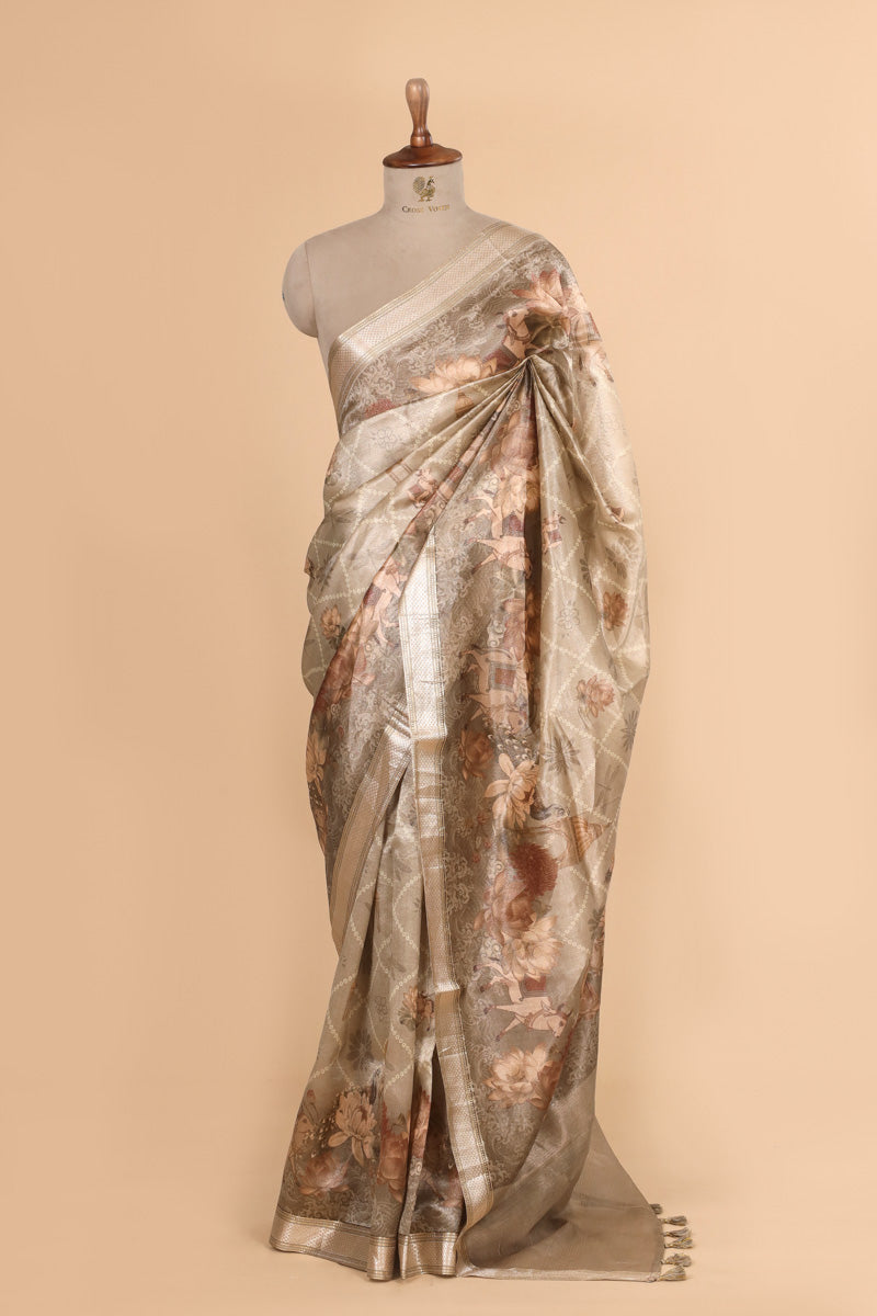 Champagne Beige Pure Soft Tissue Floral Pichwai Printed Saree