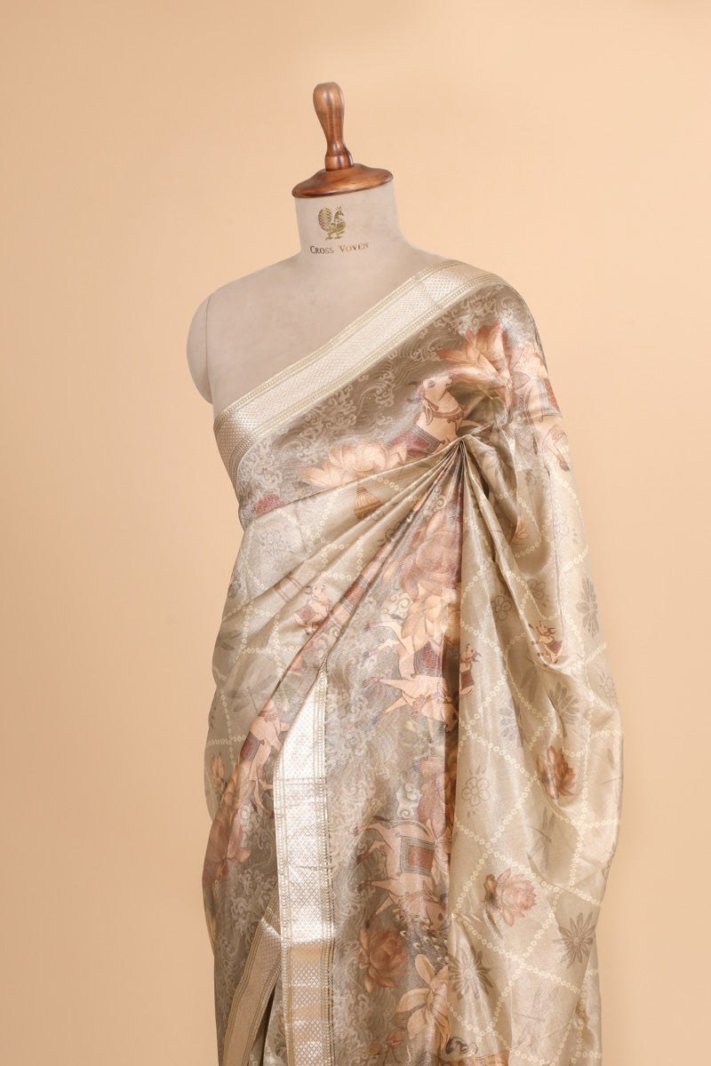 Champagne Beige Pure Soft Tissue Floral Pichwai Printed Saree