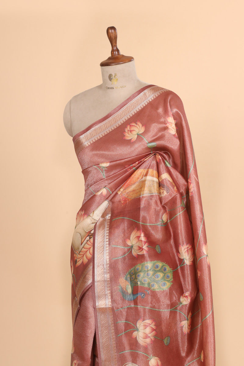 Rose Pink Pure Soft Tissue Floral Pichwai Printed Saree