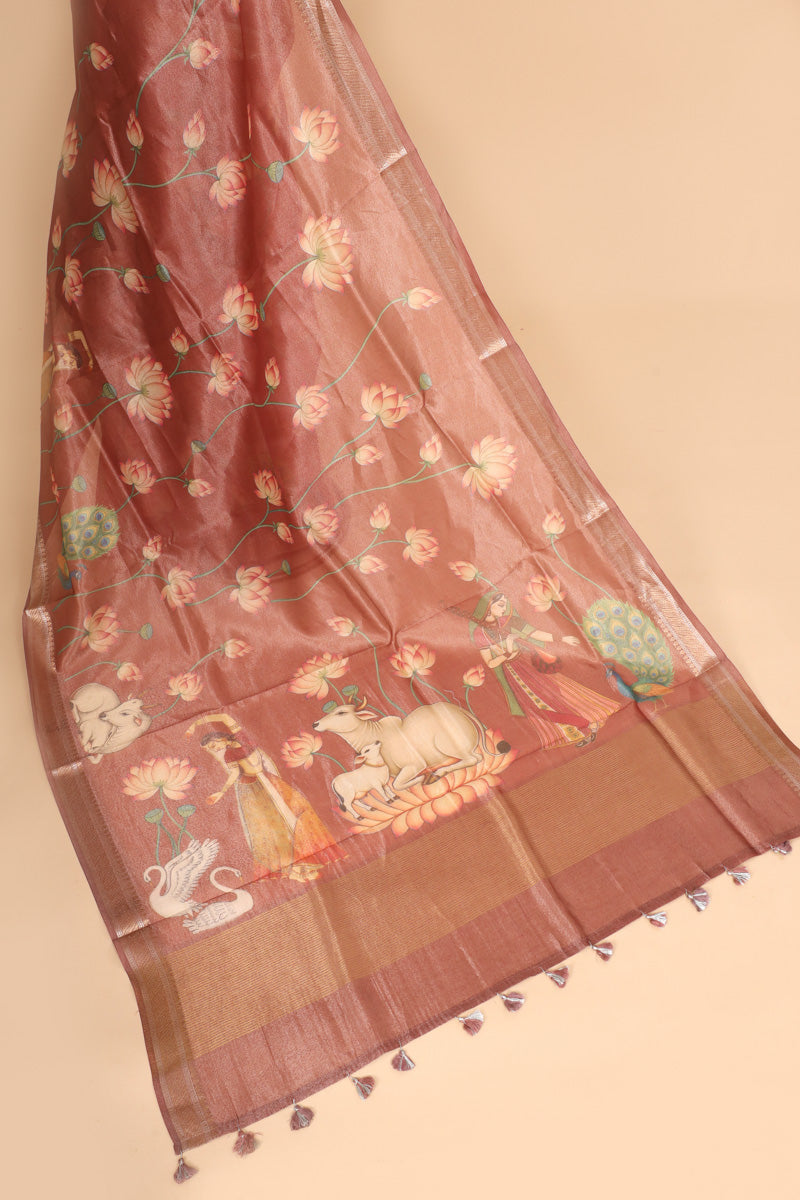 Rose Pink Pure Soft Tissue Floral Pichwai Printed Saree