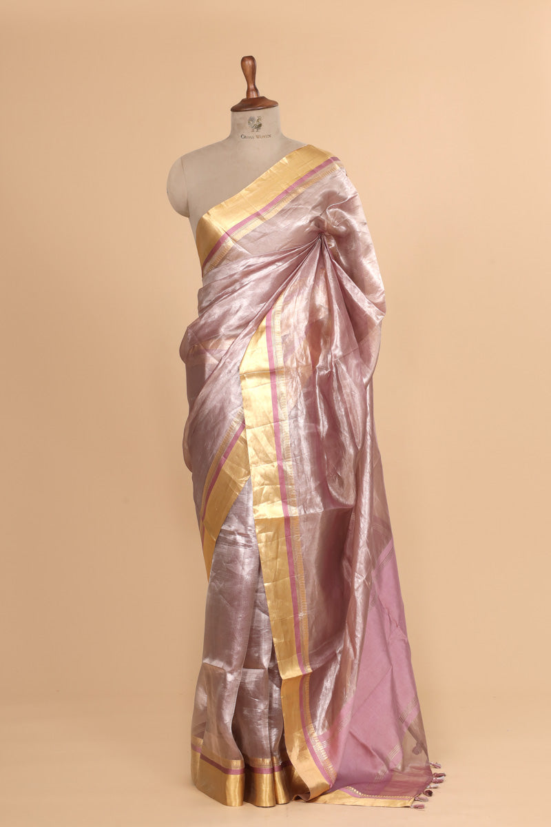 Blush Pink Plain Pure Tissue Silk Zari Border Saree
