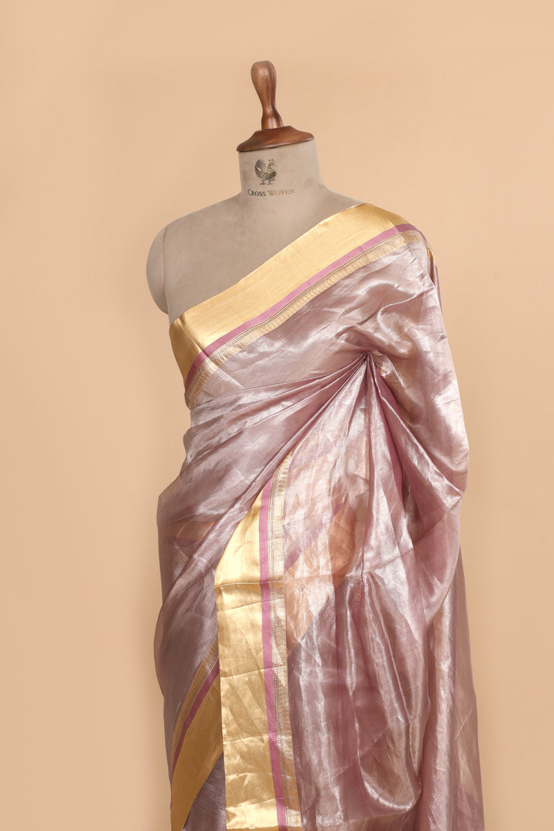Blush Pink Plain Pure Tissue Silk Zari Border Saree