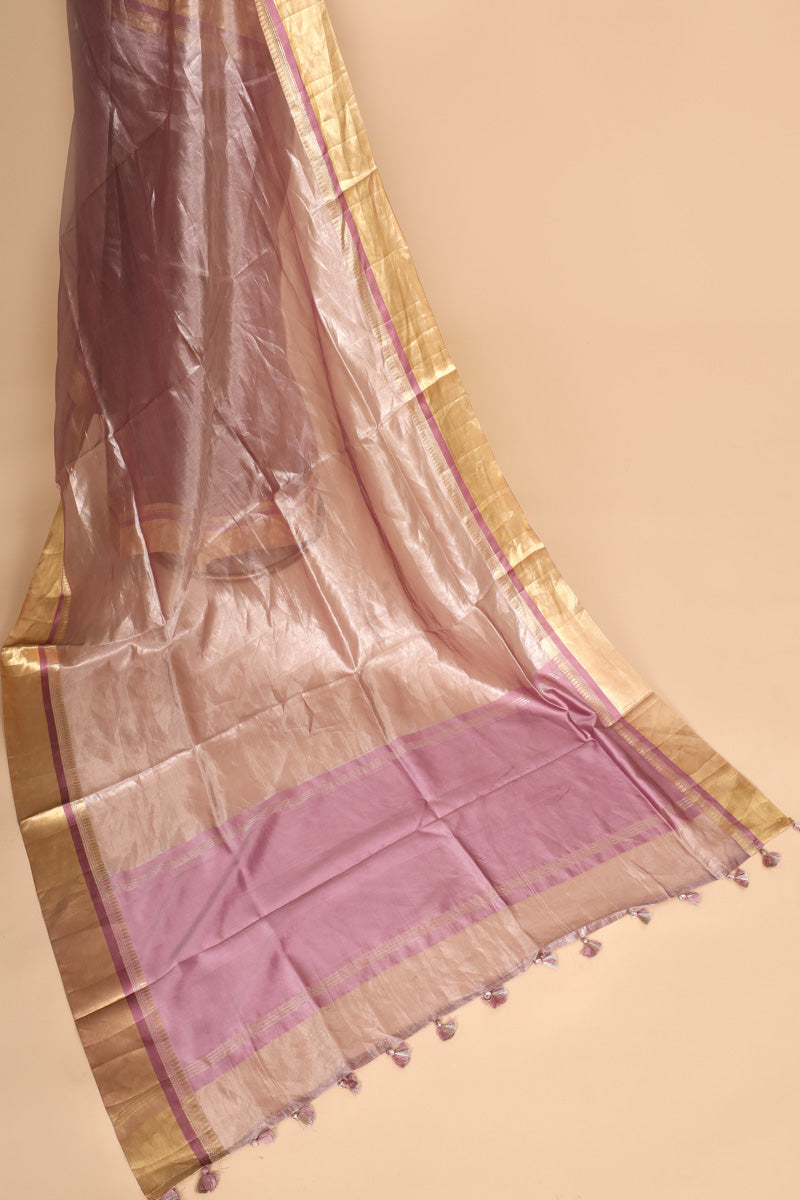 Blush Pink Plain Pure Tissue Silk Zari Border Saree