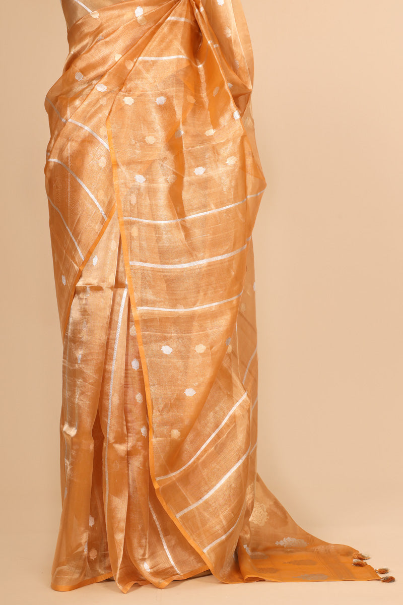 Golden Yellow Pure Tissue Silk Booti with Stripe Saree