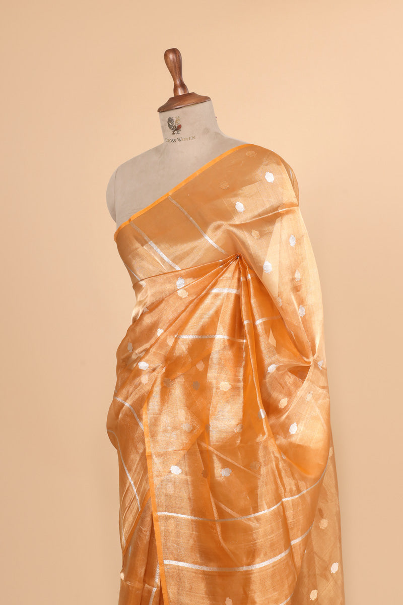 Golden Yellow Pure Tissue Silk Booti with Stripe Saree