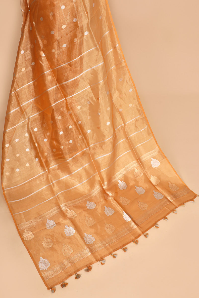 Golden Yellow Pure Tissue Silk Booti with Stripe Saree