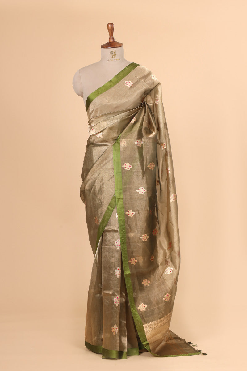 Olive Green Tissue Silk Saree with Meena Zari Floral Motifs
