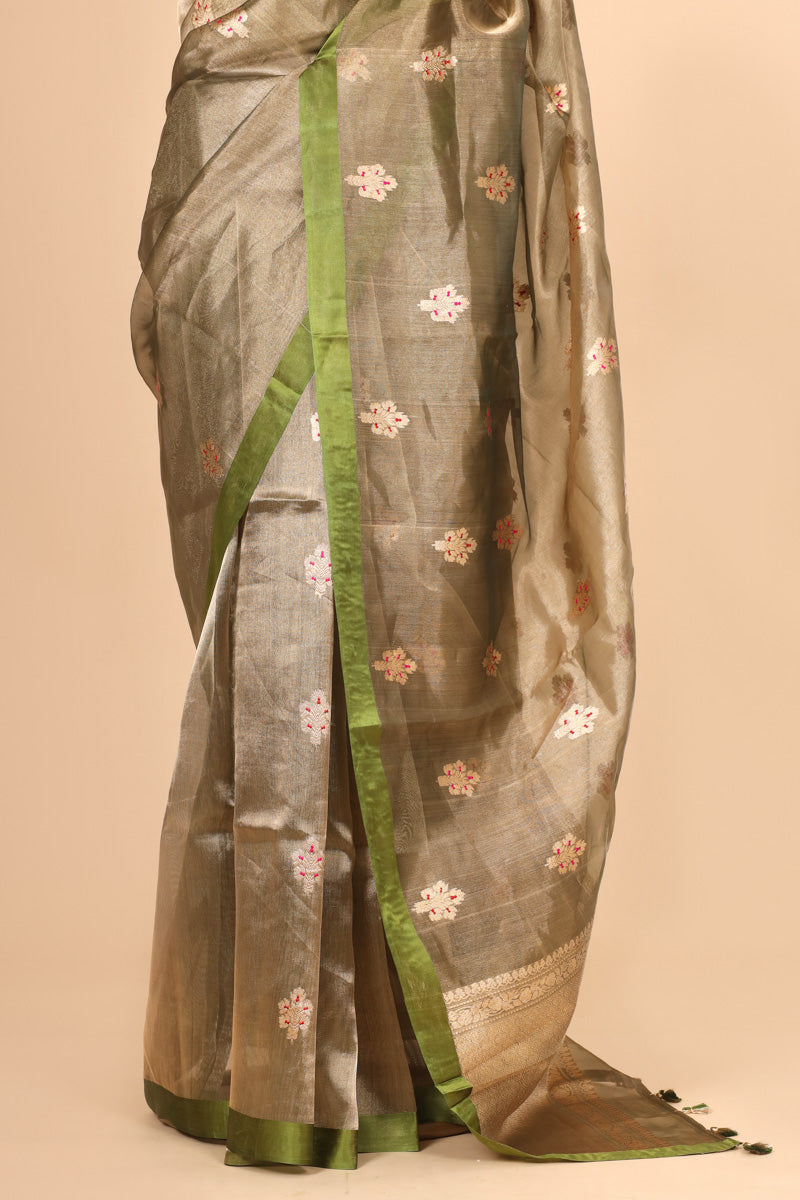 Olive Green Tissue Silk Saree with Meena Zari Floral Motifs