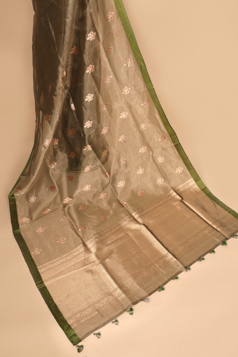 Olive Green Tissue Silk Saree with Meena Zari Floral Motifs