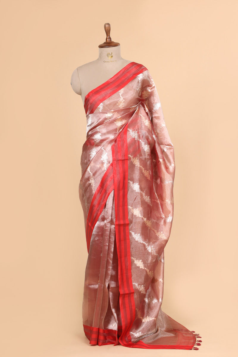 Red Pure Tissue Silk Satin Stripe Saree