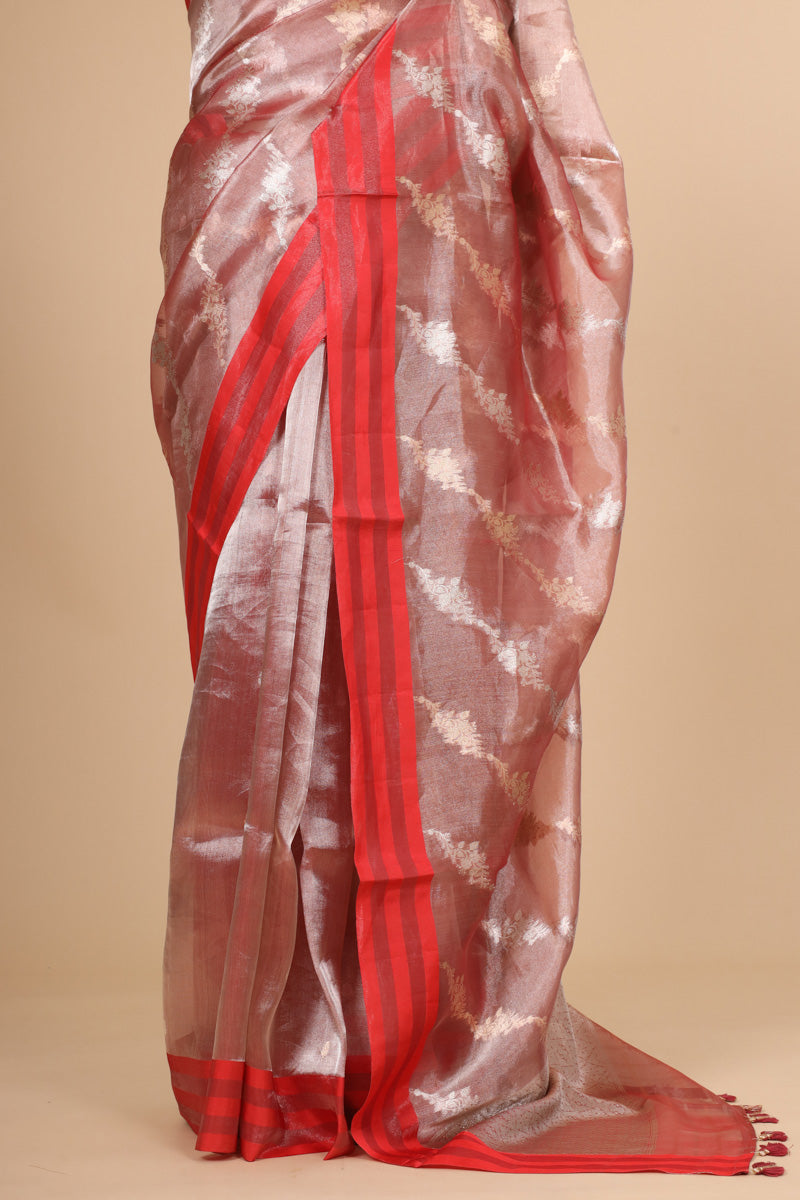 Red Pure Tissue Silk Satin Stripe Saree