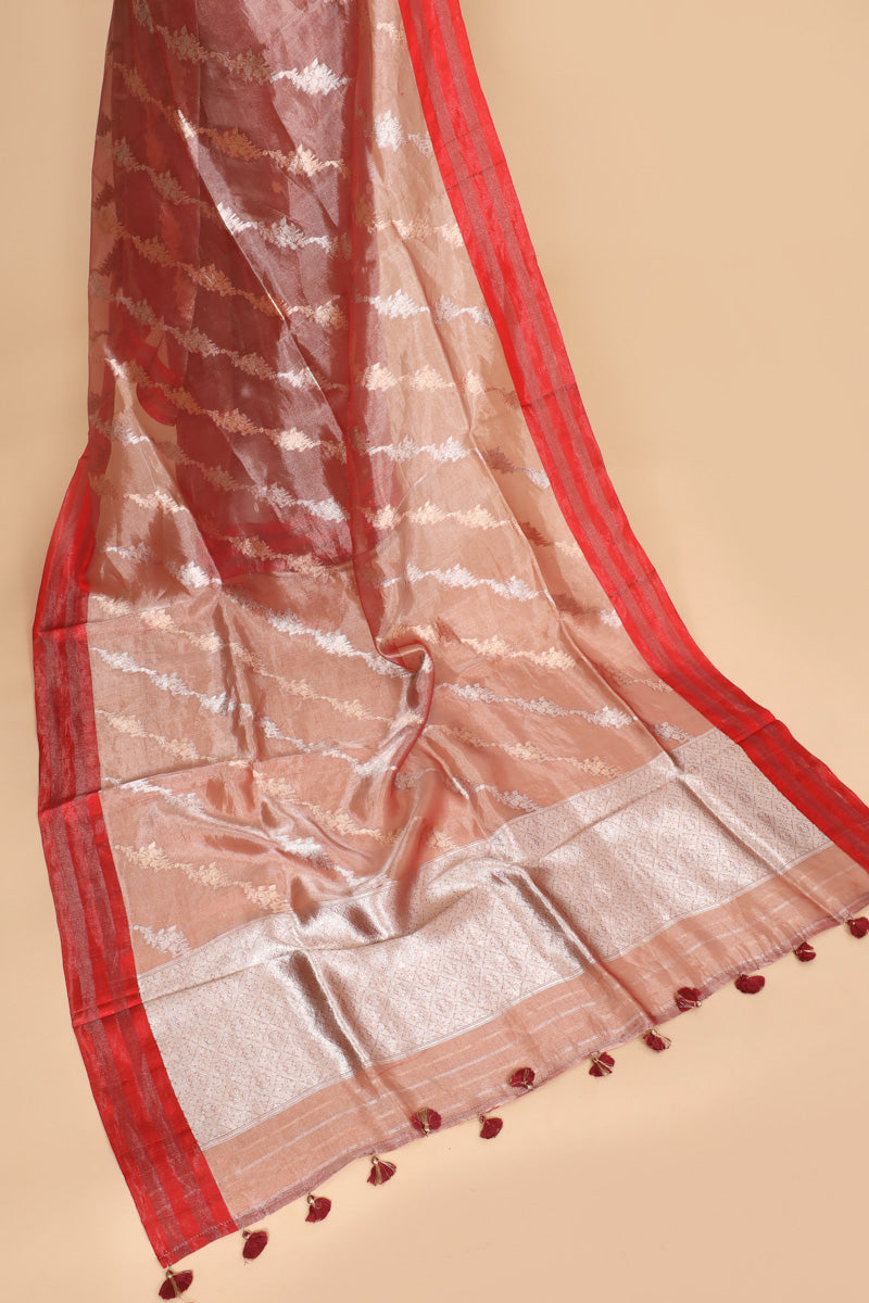 Red Pure Tissue Silk Satin Stripe Saree
