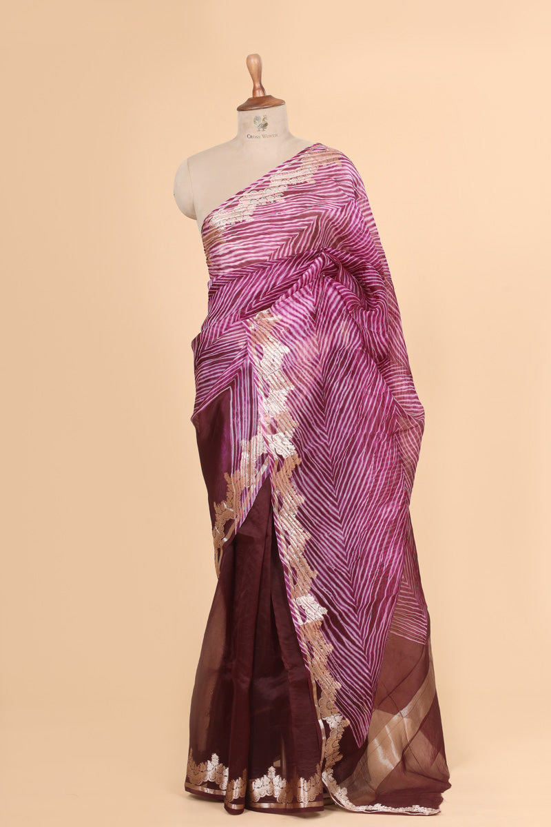 Wine Arashi Dye Organza Silk Saree with Golden Zari Detailing