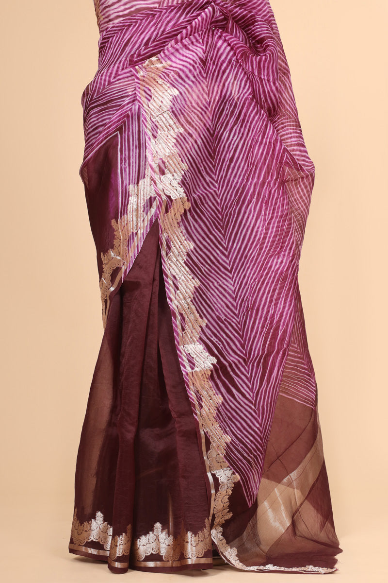 Wine Arashi Dye Organza Silk Saree with Golden Zari Detailing