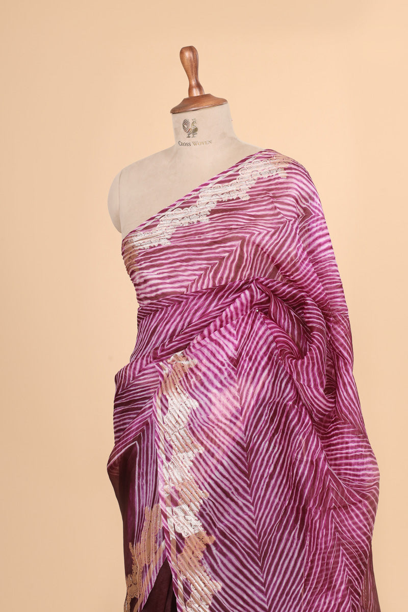 Wine Arashi Dye Organza Silk Saree with Golden Zari Detailing