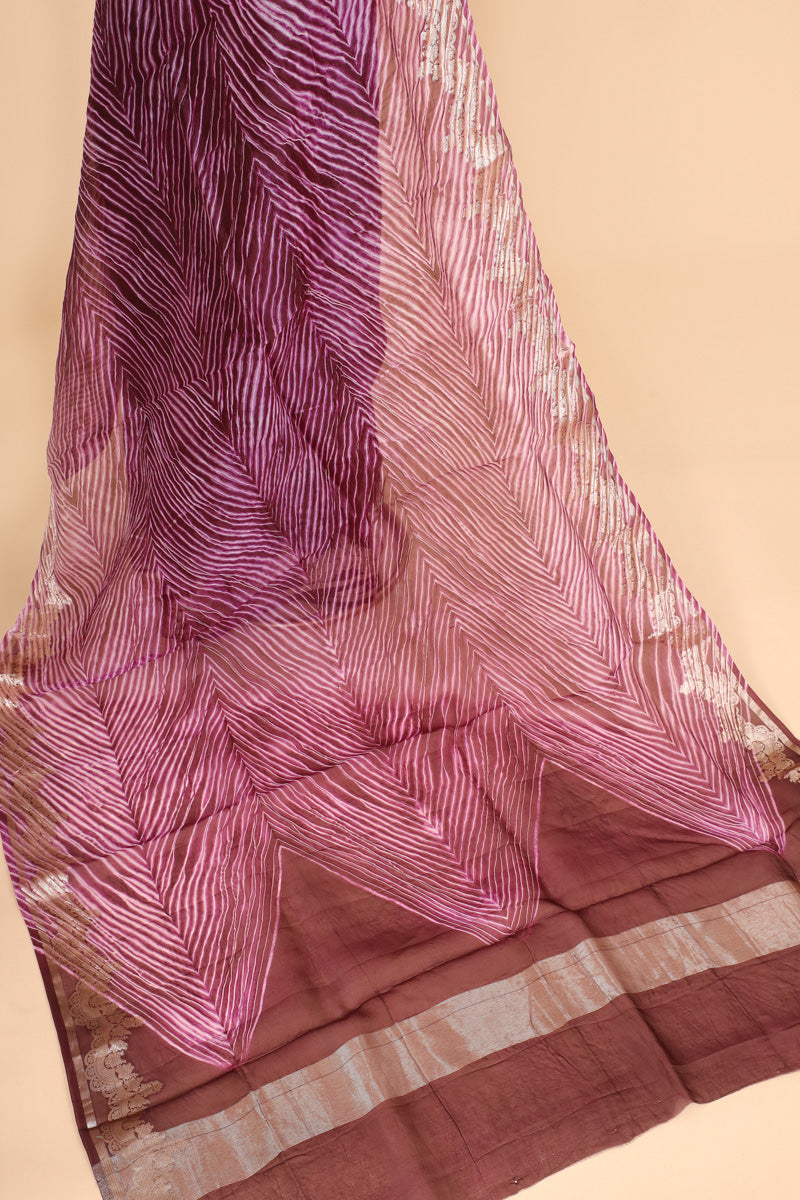 Wine Arashi Dye Organza Silk Saree with Golden Zari Detailing