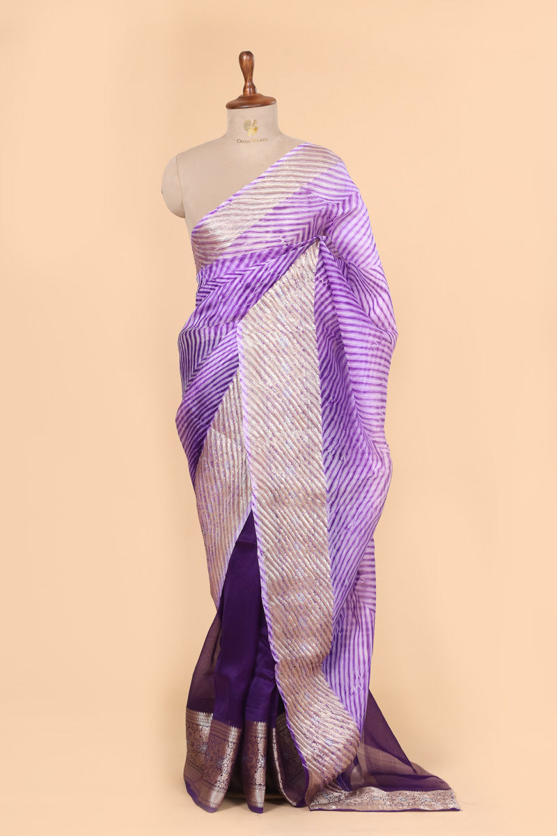 Purple Arashi Dye Organza Silk Saree with Silver Zari Border