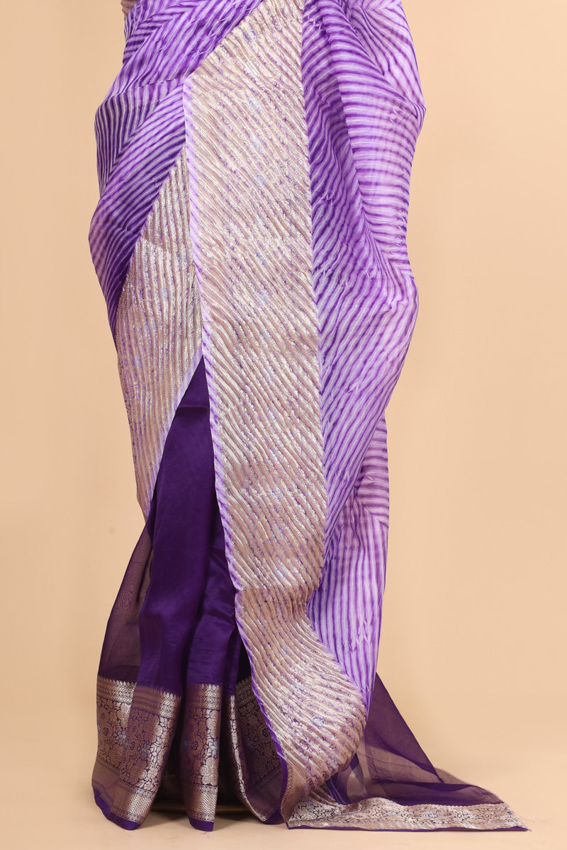 Purple Arashi Dye Organza Silk Saree with Silver Zari Border