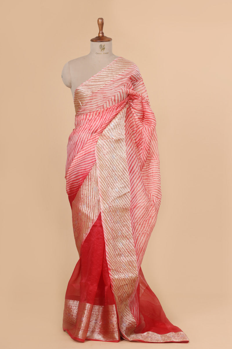 Pink Arashi Dye Organza Silk Saree with Golden Zari Border