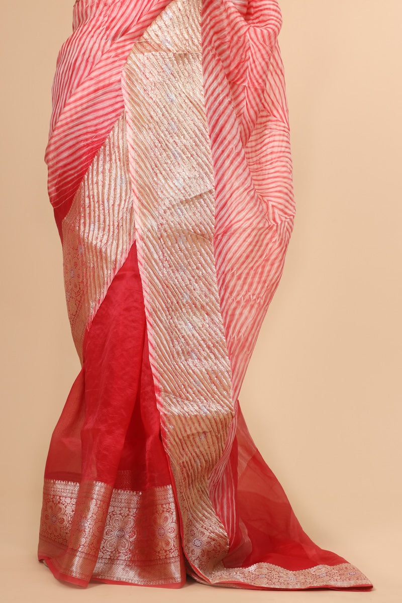 Pink Arashi Dye Organza Silk Saree with Golden Zari Border