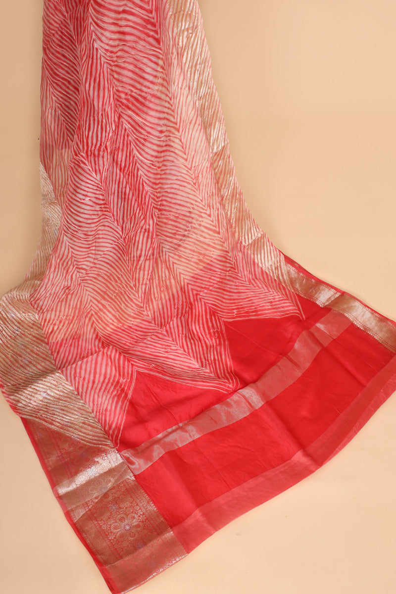 Pink Arashi Dye Organza Silk Saree with Golden Zari Border
