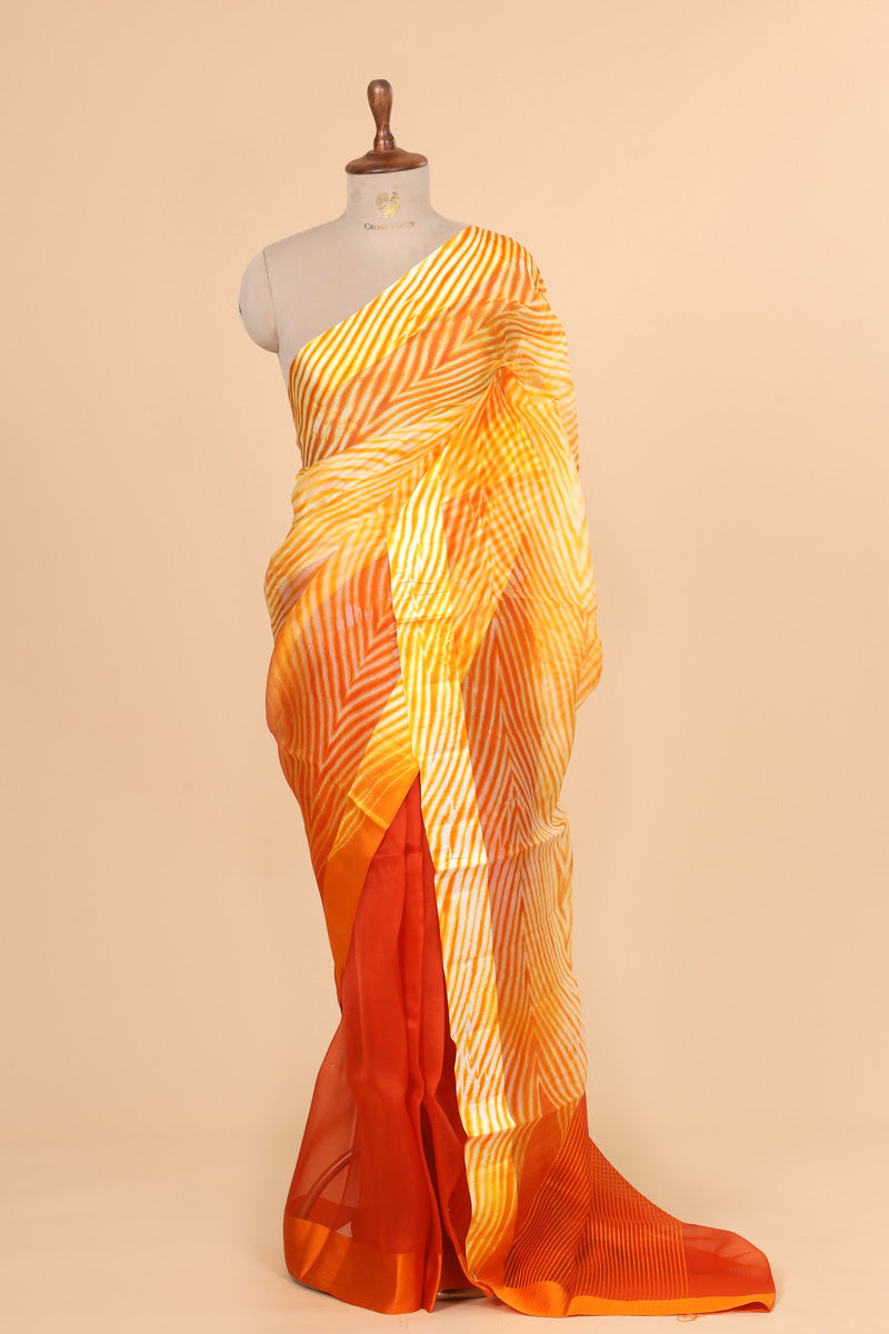 Orange Arashi Dye Organza Silk Saree with Satin Border