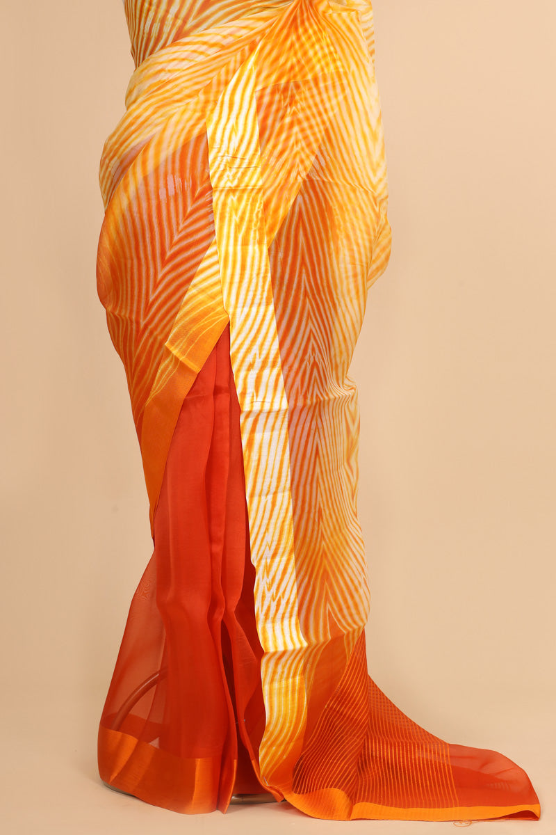 Orange Arashi Dye Organza Silk Saree with Satin Border