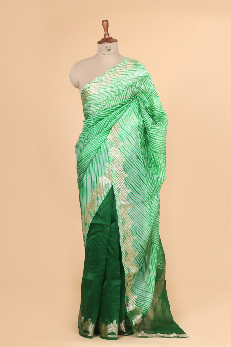 Emerald Green Arashi Dye Organza Silk Saree with Golden Zari Border