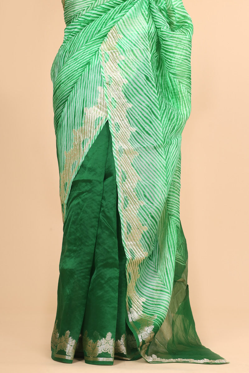 Emerald Green Arashi Dye Organza Silk Saree with Golden Zari Border