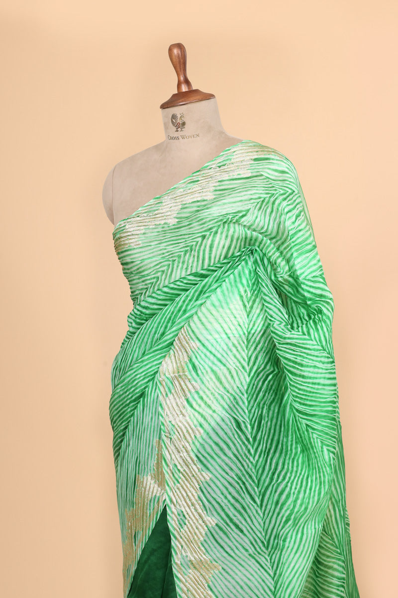 Emerald Green Arashi Dye Organza Silk Saree with Golden Zari Border