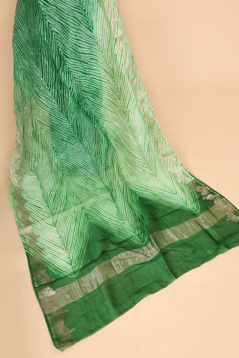 Emerald Green Arashi Dye Organza Silk Saree with Golden Zari Border