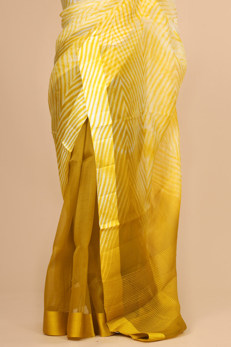 Mustard Yellow Arashi Dye Organza Silk Saree with Satin Border Border