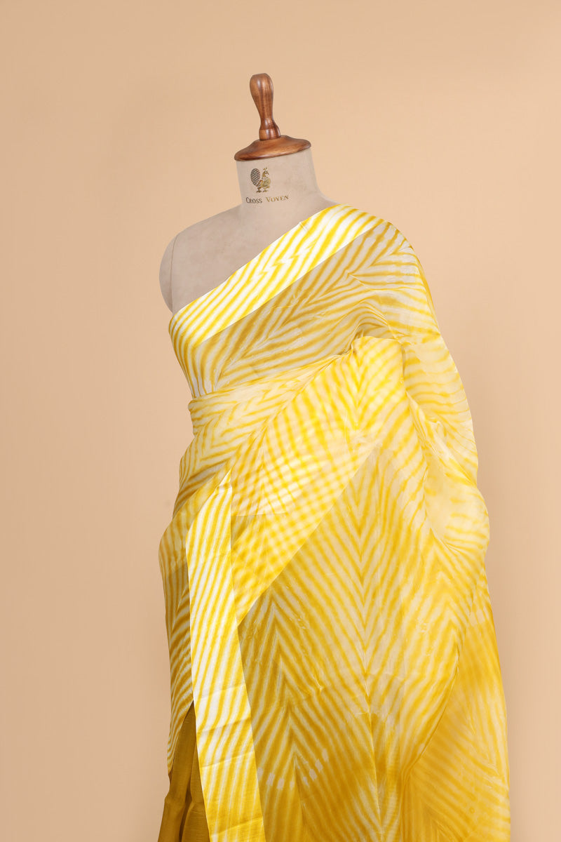 Mustard Yellow Arashi Dye Organza Silk Saree with Satin Border Border