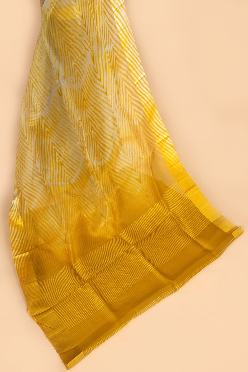 Mustard Yellow Arashi Dye Organza Silk Saree with Satin Border Border
