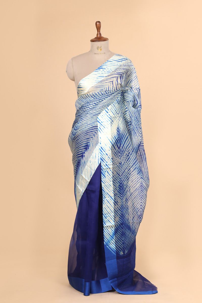 Royal Blue Arashi Dye Organza Silk Saree with Satin Border