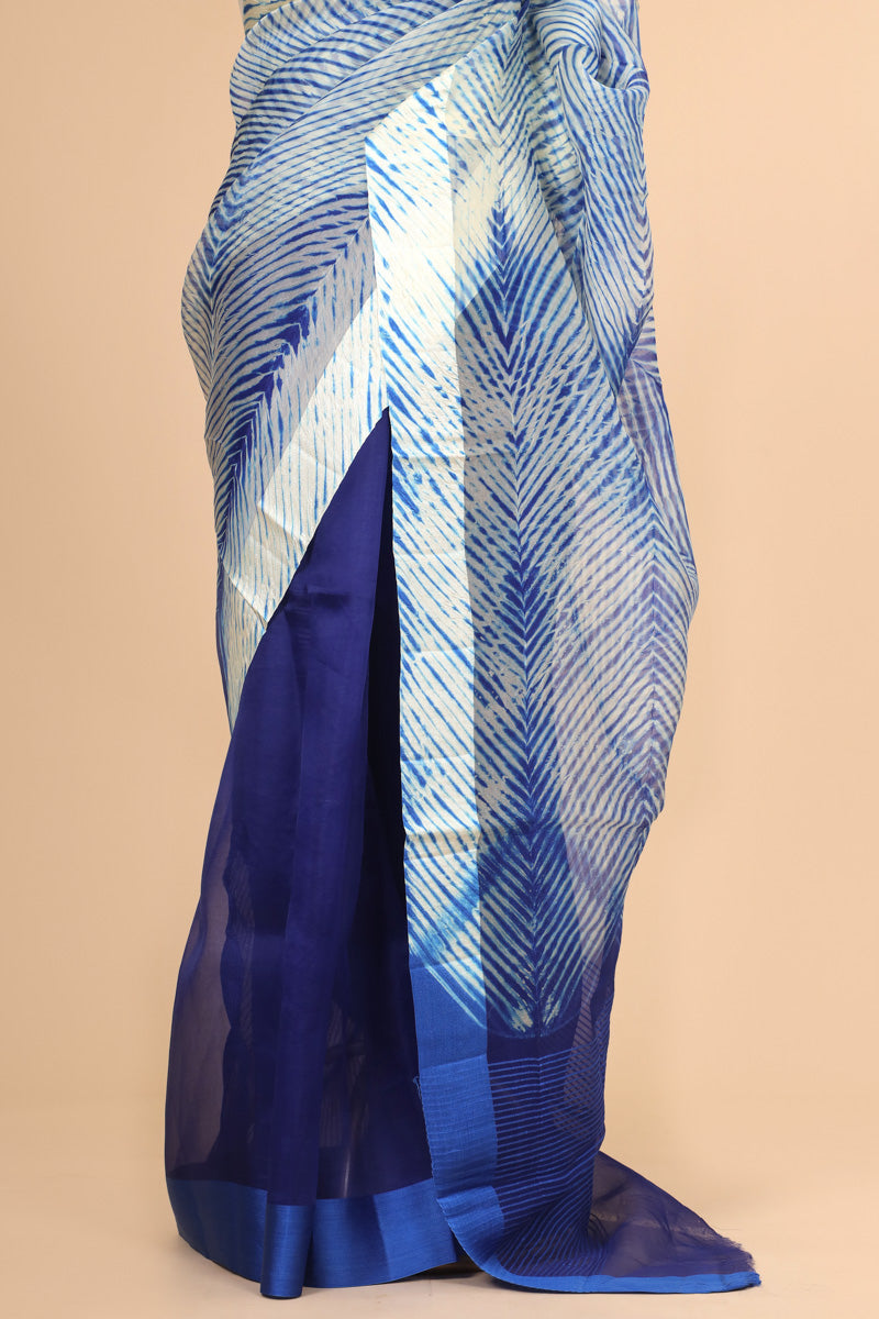 Royal Blue Arashi Dye Organza Silk Saree with Satin Border