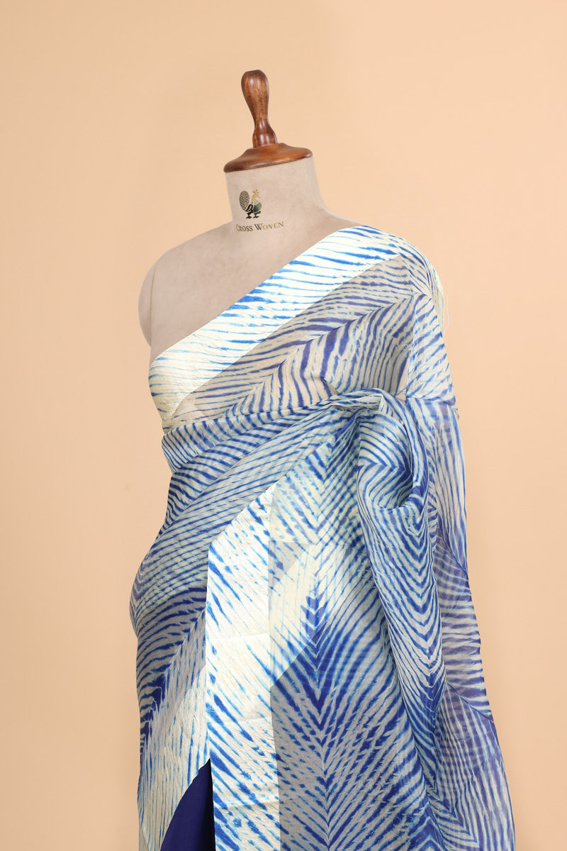 Royal Blue Arashi Dye Organza Silk Saree with Satin Border