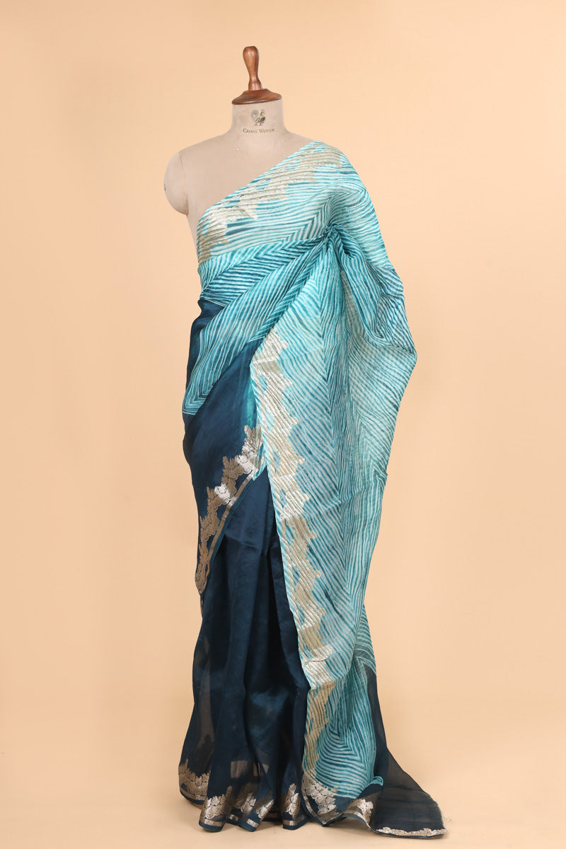 Aqua Blue Arashi Dye Organza Silk Saree with Silver Zari Border