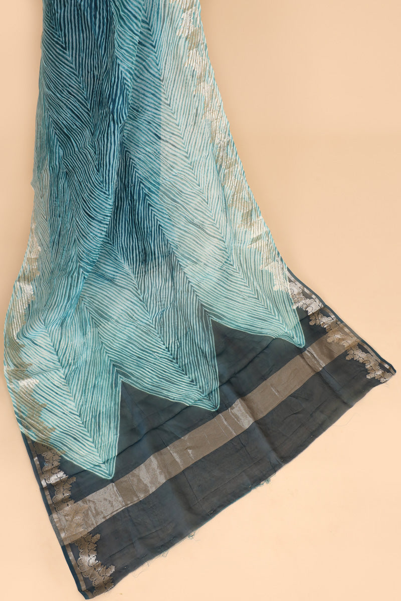 Aqua Blue Arashi Dye Organza Silk Saree with Silver Zari Border